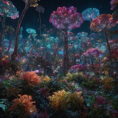 Amidst the flickering neon lights of a bustling metropolis on a distant planet, a holographic digital garden blooms in vivid splendor. In the center of the image stands a towering, intricately detaile