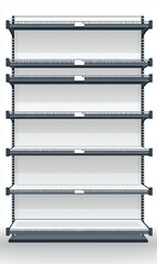 A white 3D mockup of an empty product display with shelves, set against a white background. Ideal for retail shelf displays.