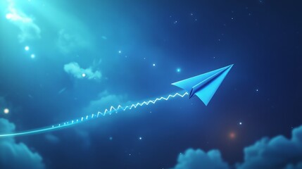 Flying blue paper plane with a trace that forms a growth chart, generative ai