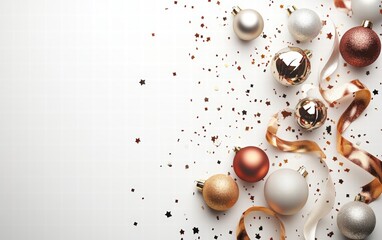 A luxurious festive design with metallic baubles, shimmering ribbons, and scattered confetti on a vibrant white background