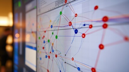 A closeup of a computer screen displaying a network monitoring tool with colorful graphs and data points tracking unauthorized access attempts.