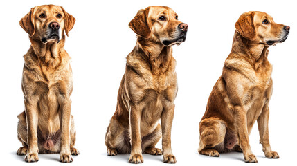 Three golden Labrador Retrievers sitting.