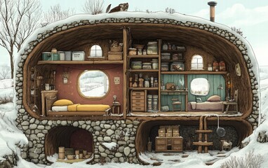 A cross-section of a cozy rabbit warren, with interconnected tunnels leading to rooms