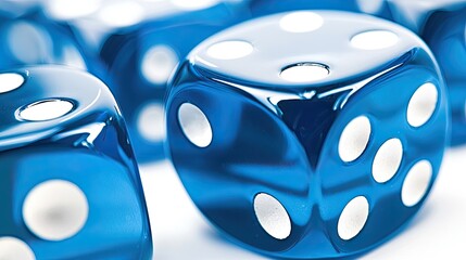 A close-up view of blue dice showcasing their dotted faces for gaming purposes.
