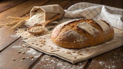 Freshly baked rustic bread with flour, wheat grains, and wooden spoon on table, homemade artisan loaf, traditional bakery concept, organic ingredients, cozy kitchen setting, food photography
