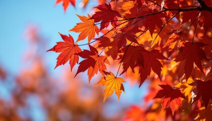 Autumn tree branches with bright red and orange leaves against the blue sky.Fall season. Change. Nature's beauty.Autumn season, landscape photography, seasonal decor, greeting cards, nature background