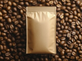 Resealable kraft paper coffee bag mockup placed above a bed of roasted coffee beans, showcasing a minimalist design without any labels or graphics