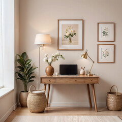 Minimal interior with a wooden desk on a beige wall. A large wooden frame mirror or frame is mounted on the desk. There is a lamp, mug, and vase with flowers on it.