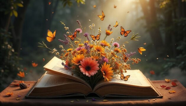 Open book with flowers and butterflies growing from it in magical forest.Imagination. Magic. Nature’s transformation.Nature’s magic, creative theme, fantasy concept, inspirational story, fairy tale, n