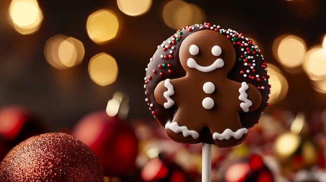 A delicious chocolate gingerbread man lollipop, perfect for the holiday season! The warm colors and festive bokeh create a cheerful mood.