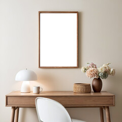 Minimal interior with a wooden desk on a beige wall. A large wooden frame mirror or frame is mounted on the desk. There is a lamp, mug, and vase with flowers on it.