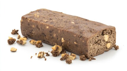 A protein bar with a chewy texture, surrounded by small crumbs.