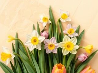 Obraz premium Beautiful spring flowers including daffodils, tulips, and cherry blossoms on a delicate paper background, fresh, growth