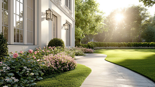 Sonnendurchfluteter, eleganter europ&auml;ischer Garten mit gepflegten Hecken