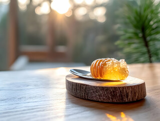 Honeycomb slice on wooden board with spoon, backlit by sunlight.