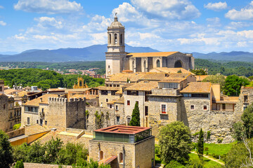 Panoramic aerial view of Girona and cathedral, Catalonia, Spain.