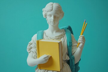 A classic white sculpture stands with a green book in one hand, a bright yellow pencil in the other, and adorned with a blue backpack, showcasing a modern twist to historic art