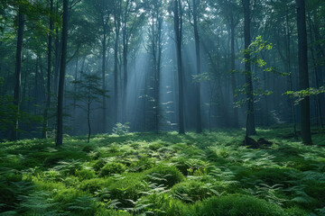 Obraz premium Morning in the forest with sunbeams coming through the tree trunks,. 