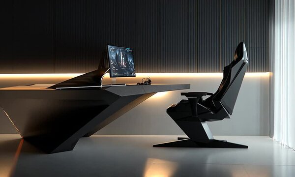 Futuristic Black Gaming Setup with Angled Desk and Ergonomic Chair