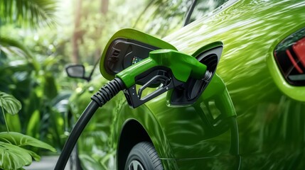 Eco-friendly fuel concept. Green car refueling in nature.Sustainability. Green energy. Environmental protection.Eco-friendly business, green energy promotion, environment protection, sustainable devel
