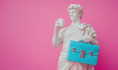 A Greek statue portrays a poised businessman man in a tie, comfortably seated while sipping coffee with blue suitcase