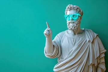 A white Greek statue representing a teacher stands in a vibrant green space, wearing neon blue glasses and pointing towards an unseen chalkboard, conveying a sense of instruction and authority