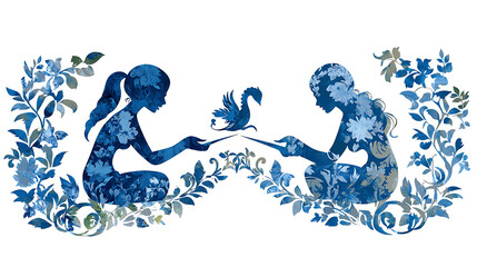 Two silhouettes engaged in creative exchange, surrounded by floral patterns, symbolize collaboration and imagination
