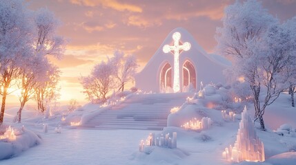 Snowy church at sunset with glowing cross and candles.