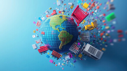 3D Globe with Orbiting Shopping Carts, Delivery Trucks, and Barcode Icons Representing Global E-Commerce and Trade Networks