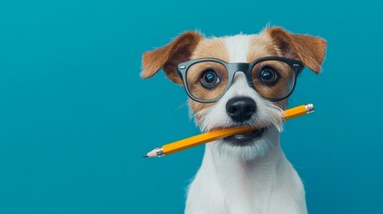 Jack Russell dog with pencil in mouth wearing nerd glasses generative ai