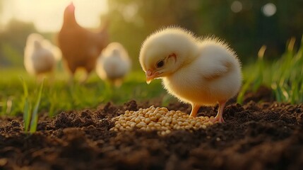 Adorable fluffy chick pecking at grains in the warm evening sun. Other chicks and a hen are visible in the background.