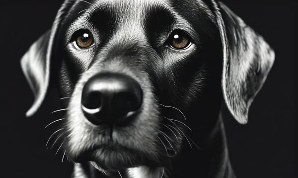 Black Labrador Retriever Portrait, Scratchboard Style