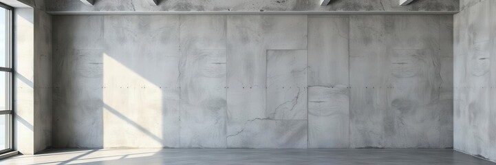 Panoramic view of a rough concrete modern wall with industrial design elements, architecture, concrete