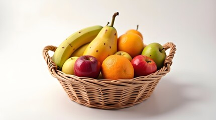 A wicker basket brimming with a delightful assortment of fresh fruits, including vibrant oranges, crisp apples, a ripe banana, and a juicy pear.  A healthy and visually appealing still life.