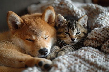 Shiba Inu puppy and his friend striped kittentrend..     