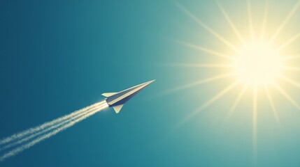 Fototapeta premium Minimalist paper plane flying under a bright clear blue sky generative ai