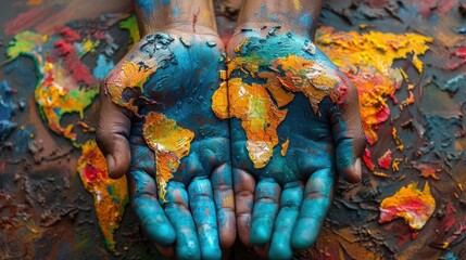 Painted hands cradling a colorful world map.