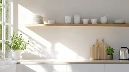 Helle skandinavische Küche mit offenen Holzregalen und Kräutern © Carmen Steiner