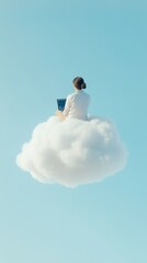High above the urban landscape, a young businesswoman sits atop a fluffy cloud, focused on her laptop, representing the blend of creativity and remote work in a digital age