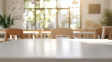 Fototapeta premium Empty white tabletop in a bright cafe. Soft bokeh chairs and sunlit windows in the background. Clean space for focus and new opportunities. Ideal for menu promos, branding, and website headers.