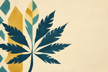 A stylized graphic featuring a cannabis leaf in teal and yellow against a neutral background.