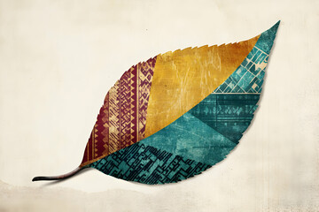 A stylized leaf featuring geometric patterns in vibrant colors, symbolizing nature and design.