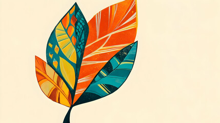 A vibrant illustration of stylized leaves in various colors against a light background.