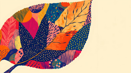 A vibrant illustration of a leaf filled with colorful patterns and textures.