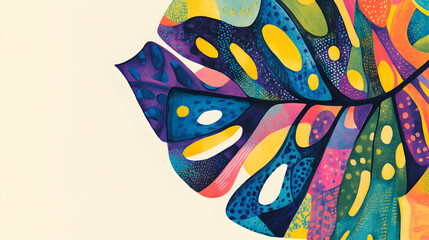 A vibrant, abstract illustration of a tropical leaf with colorful patterns and textures.