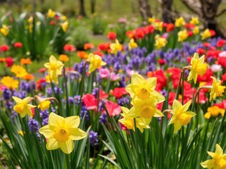 Obraz premium Vibrant yellow daffodil flowers blooming in a vast field under the clear blue sky, growth, garden, sunny