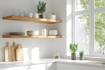 Helle skandinavische Küche mit offenen Holzregalen und Kräutern