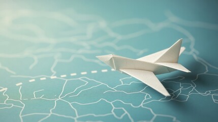 Origami airplane flying on a simple map outline, with a dotted travel route, generative ai