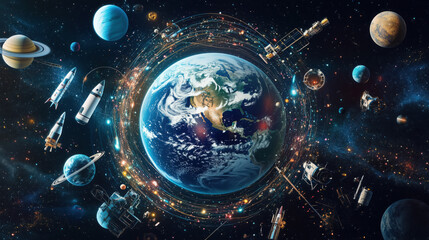 3D Globe with Orbiting Space Exploration Icons Representing Humanity's Pursuit of Interstellar Discovery