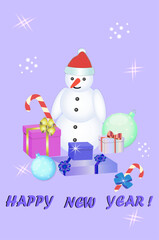 Happy New Year and Merry Christmas. New Year's card with a snowman, gifts, Christmas balls and candy on a light purple background. Flat vector illustration. Not AI generated